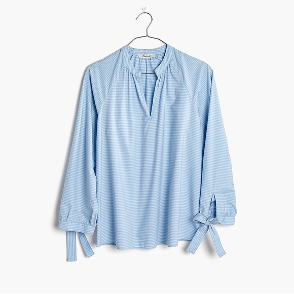 MADEWELL Striped Tie-Sleeve Popover Top blue & white size Small - Picture 2 of 9